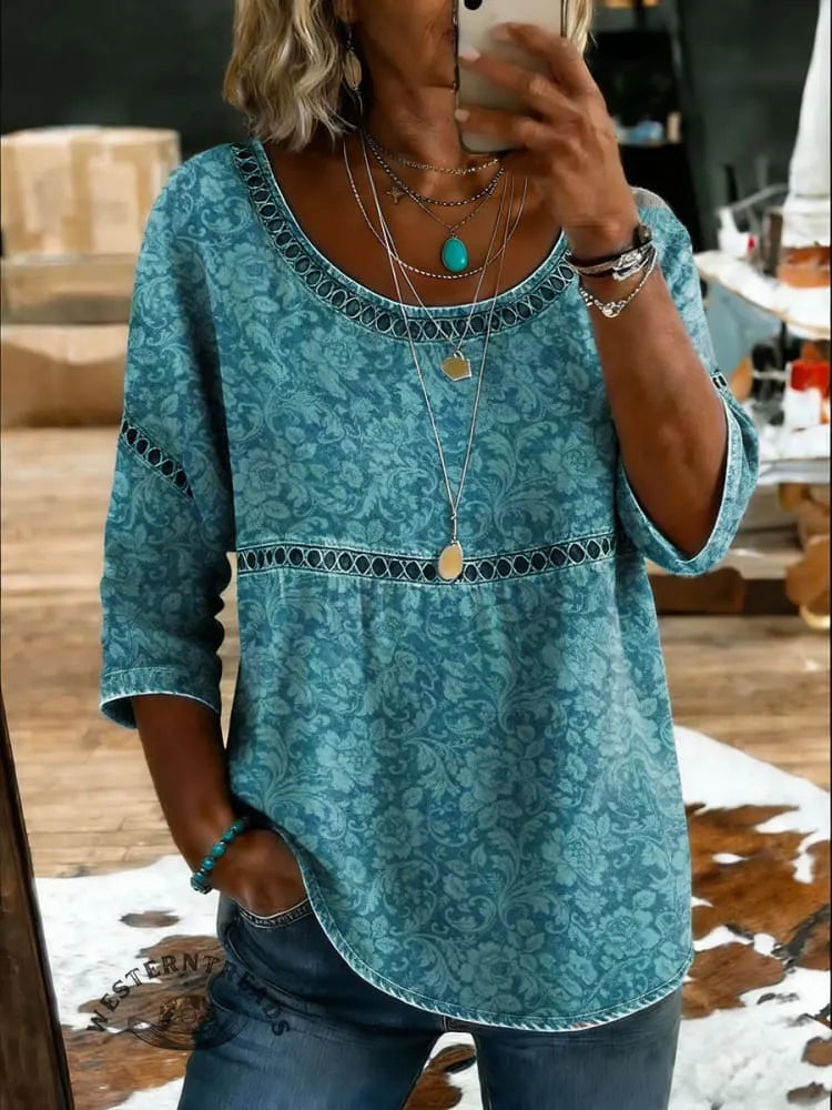 Women's Vintage Floral Print Casual Hollow-Out Denim Shirt