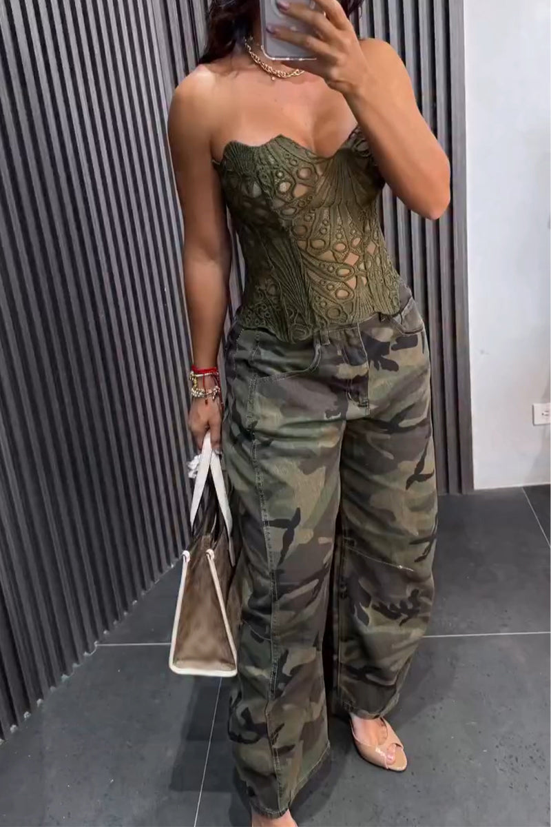 Women's Fashion Lace Strapless Top or Camo Print Pants