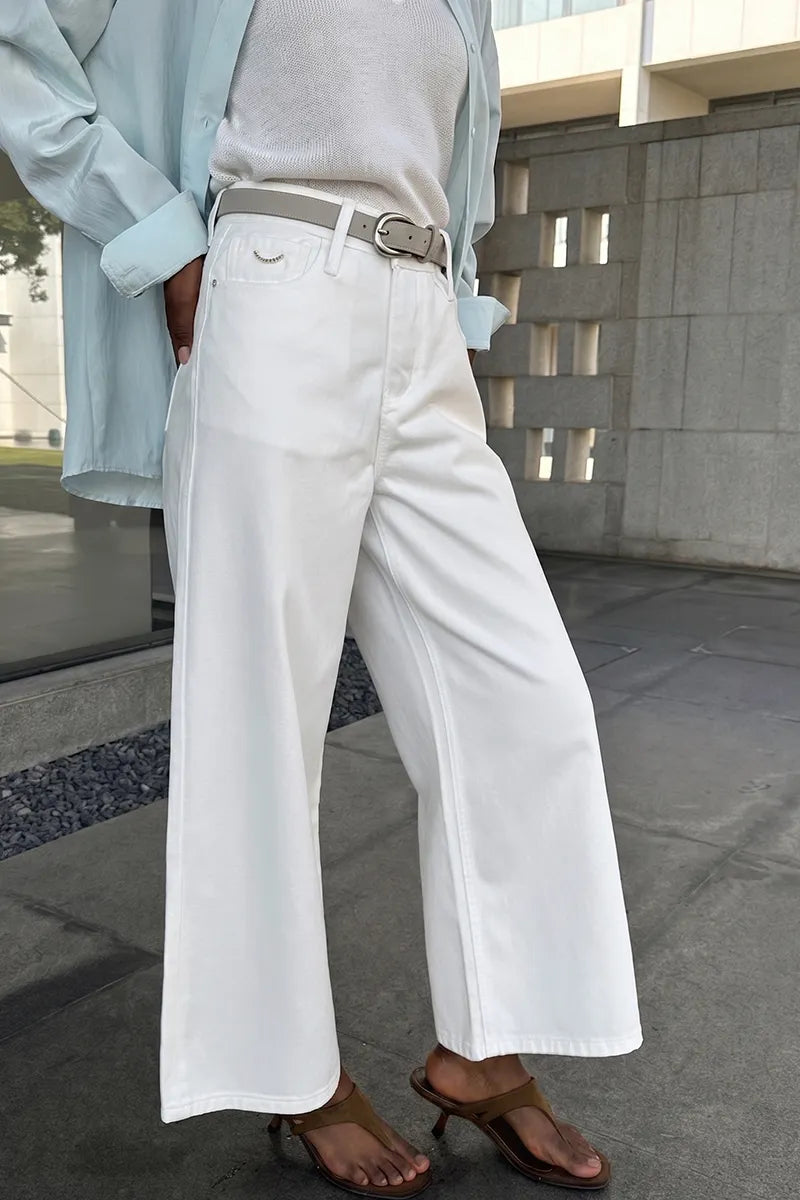 Women's Casual White Wide Leg Jeans(Belts Not For Sale)