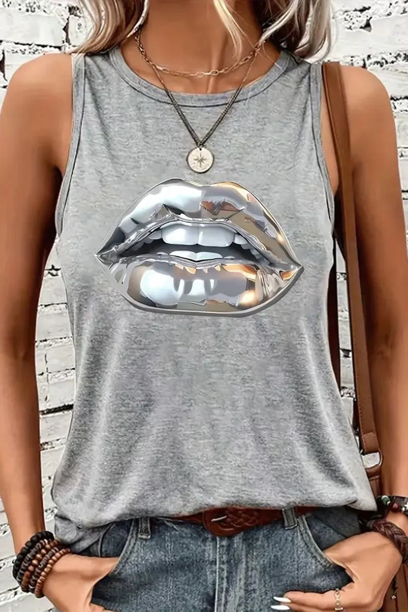 Women Round Neck Printed Sleeveless Casual Top