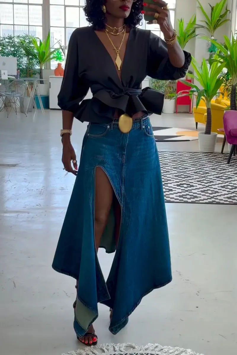 Women's Deep V-neck Solid Color Top or Split Denim Skirt