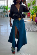 Women's Deep V-neck Solid Color Top or Split Denim Skirt