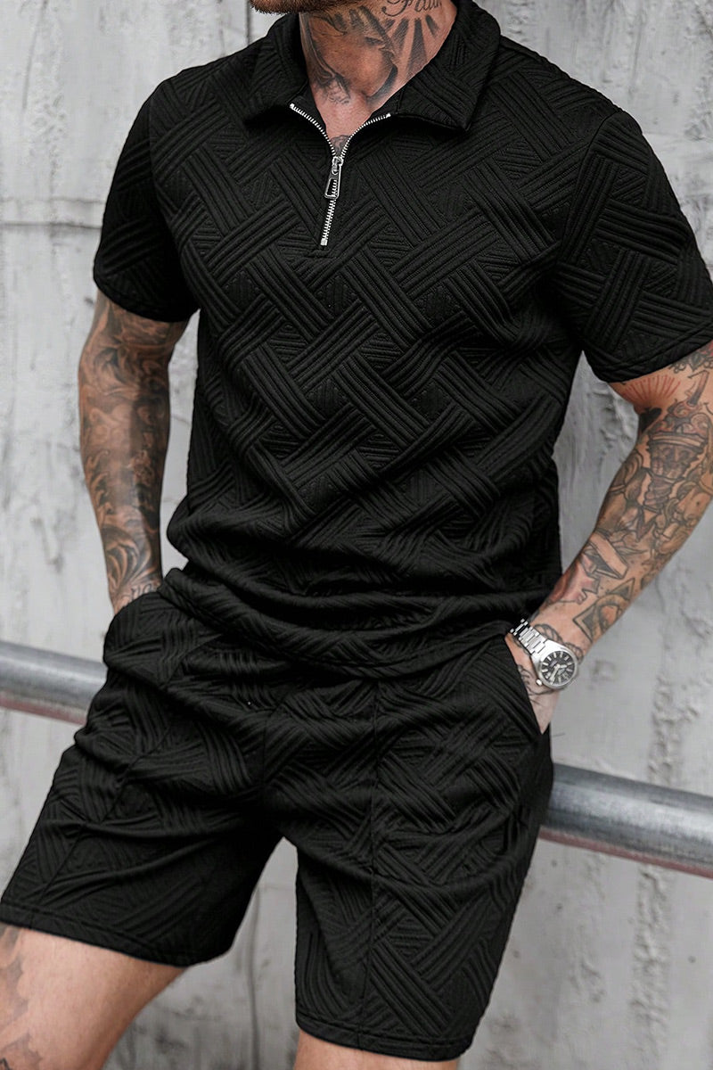 Men's Summer Casual Lapel Collar Full Zip Vertical Seam Detail Short Sleeve Shirt Or Elastic Drawstring Waist Vertical Stitch Side Pocket Casual Shorts