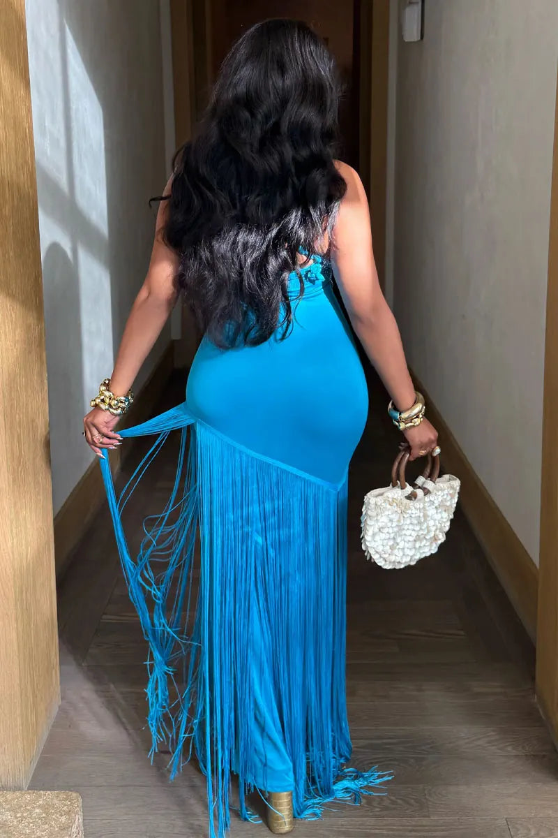 Women's Braided Detail Halter Cutout Fringe Hem Bodycon Maxi Dress