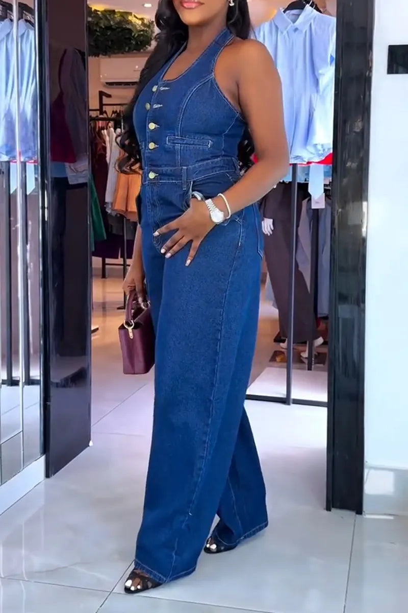 Women's Casual Summer Halter Button Front Backless Denim Jumpsuit