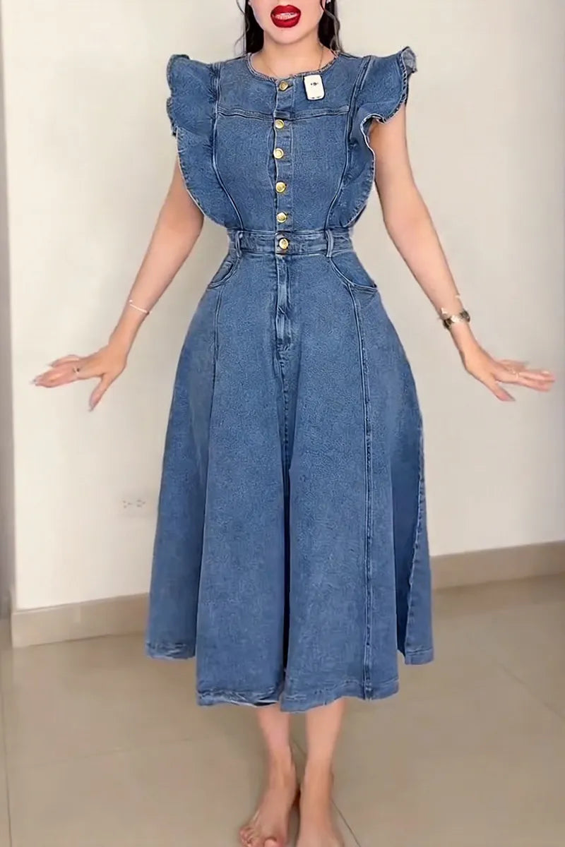 Women's Elegant Flounce Sleeve Waist Defined Denim Dress