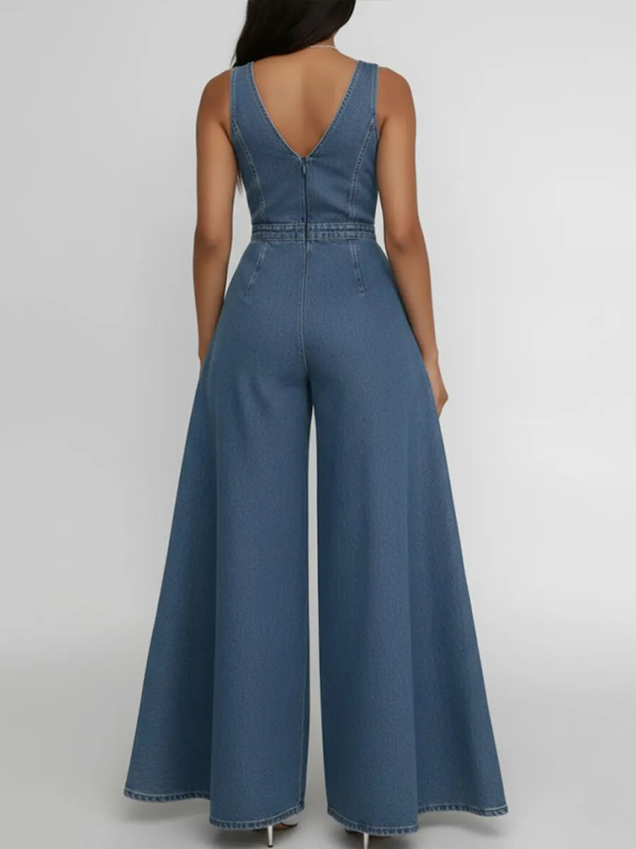 Women's Round Neck Sleeveless Casual Loose Wide-leg Denim Jumpsuit