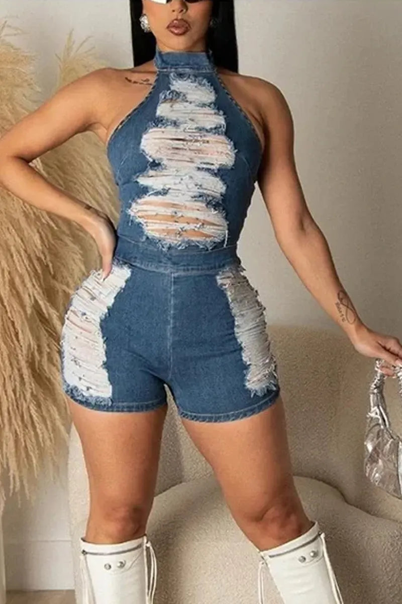 Hot Selling Women's Casual Ripped Denim Short Jumpsuit
