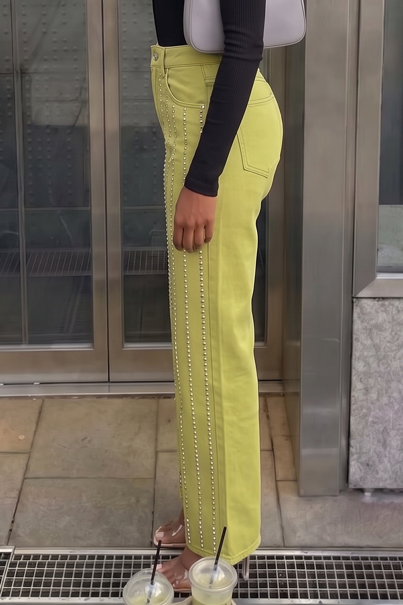Women's Rhinestone Striped Wide Leg Jeans High Waisted Lime Green Glitzy Denim Pants