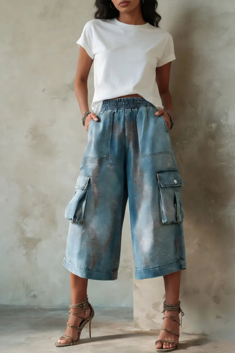Ladies' Fashionable Casual Metal Faded Work Pants With Partial Silver Plating Process Jeans