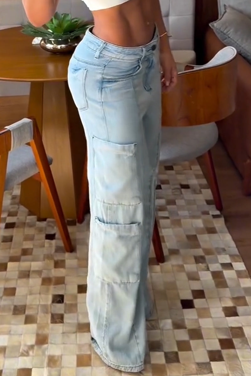 Women's Patchwork Pocket Casual Wide Leg Jeans