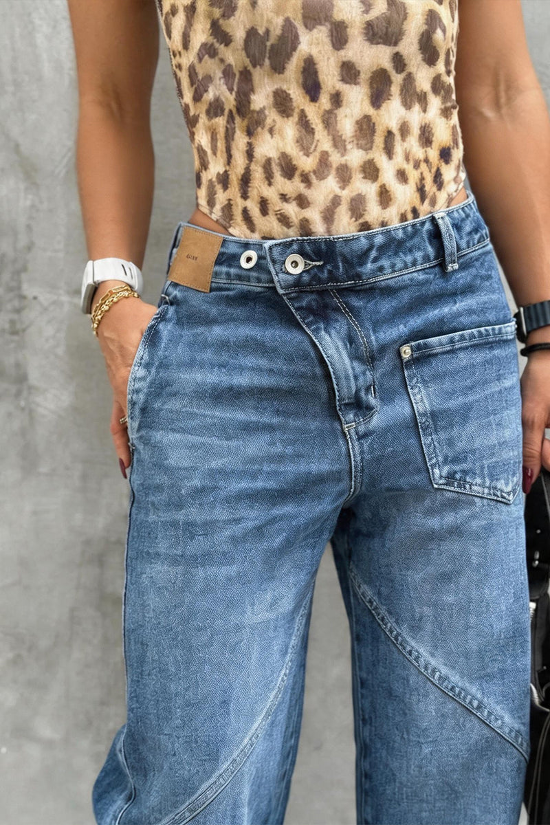 Women's Fashion Asymmetric Waist Pocket Patch Jeans
