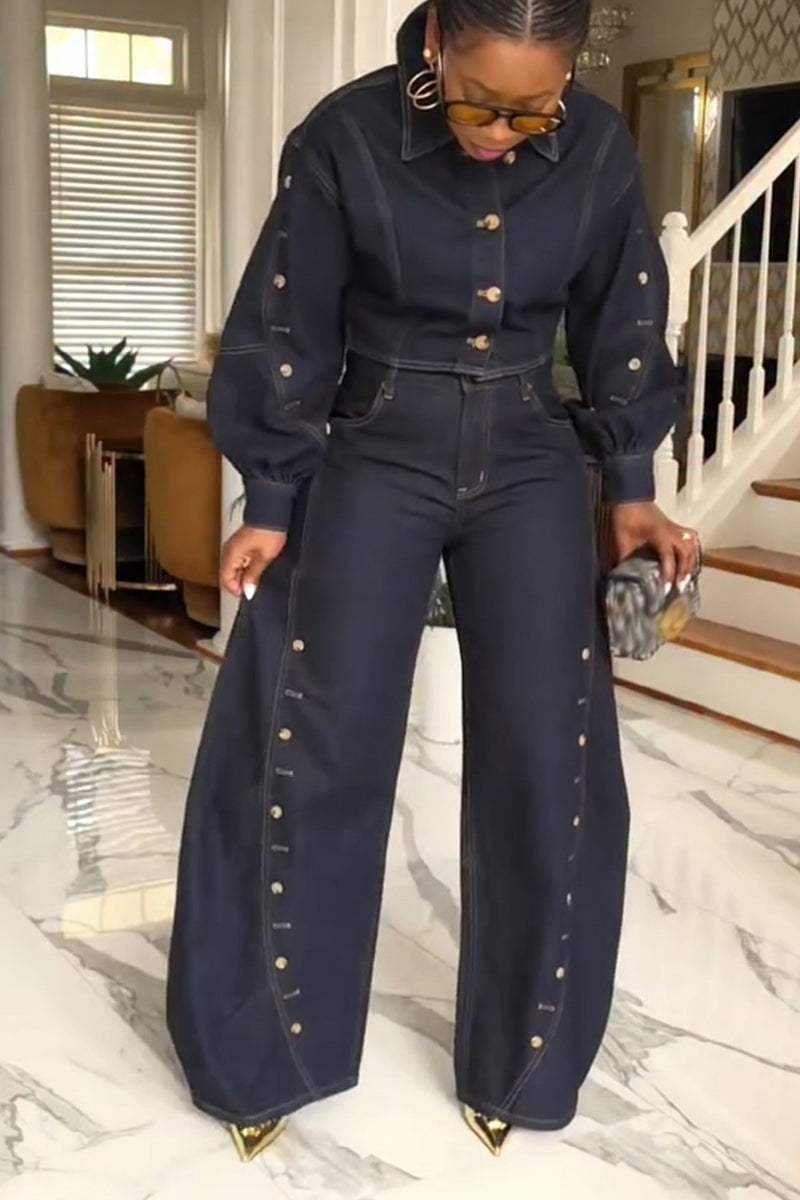 Women's Casual Button Decoration Denim Jacket or Curved Jeans