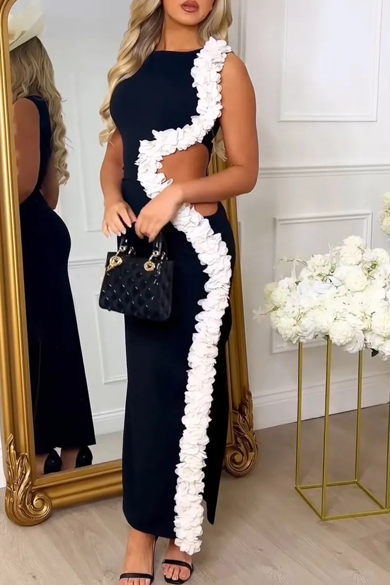 Women's Elegant White Lace Trim Waist Cutout Maxi Dress
