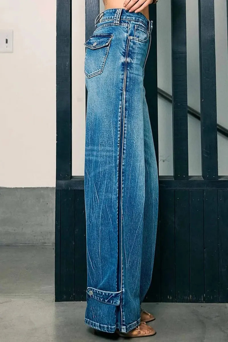 Women Classic Vintage Whisker Wash Floor-Length Wide Leg Jeans