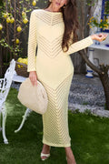 Women's Round-Neck Hollow-Out Solid Color Elegant Casual Dress