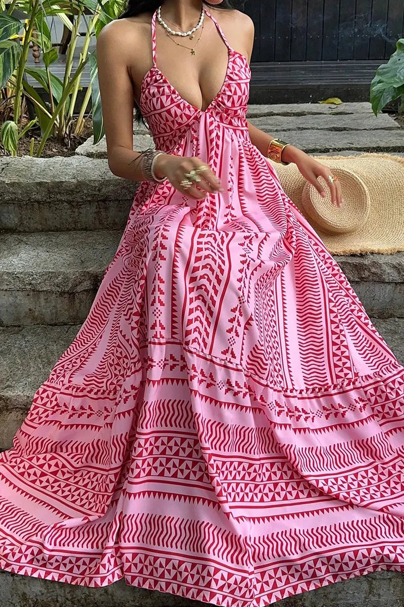 Women's Casual Halter Pattern Print Maxi Dress