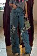 Women's Casual Rhinestone Trim Wide Leg Jeans