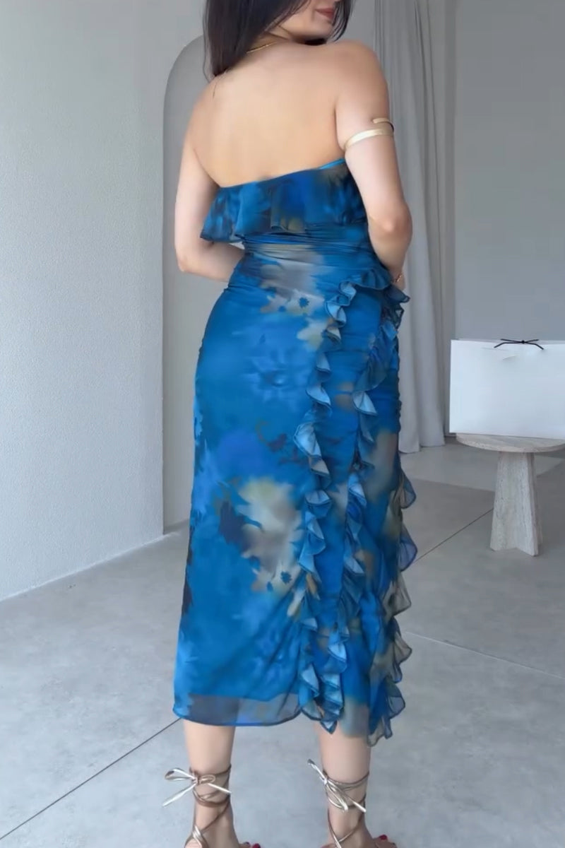 Women's Strapless Printed Patchwork Slit Elegant Temperament Dress