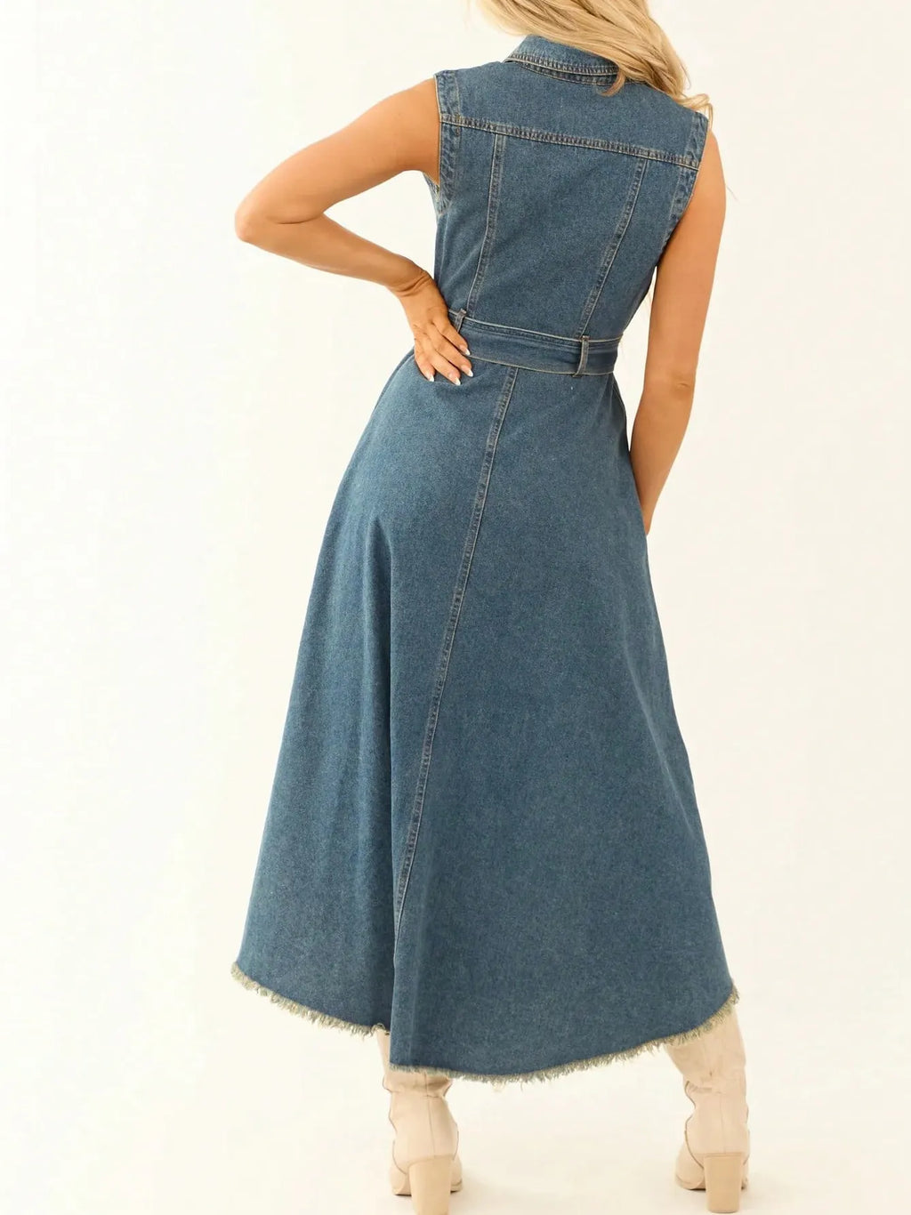 Edgy Irregular Raw Hem Sleeveless Denim Midi Dress