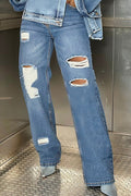 Women's Straight Leg Distressed Jeans With Raw Hem