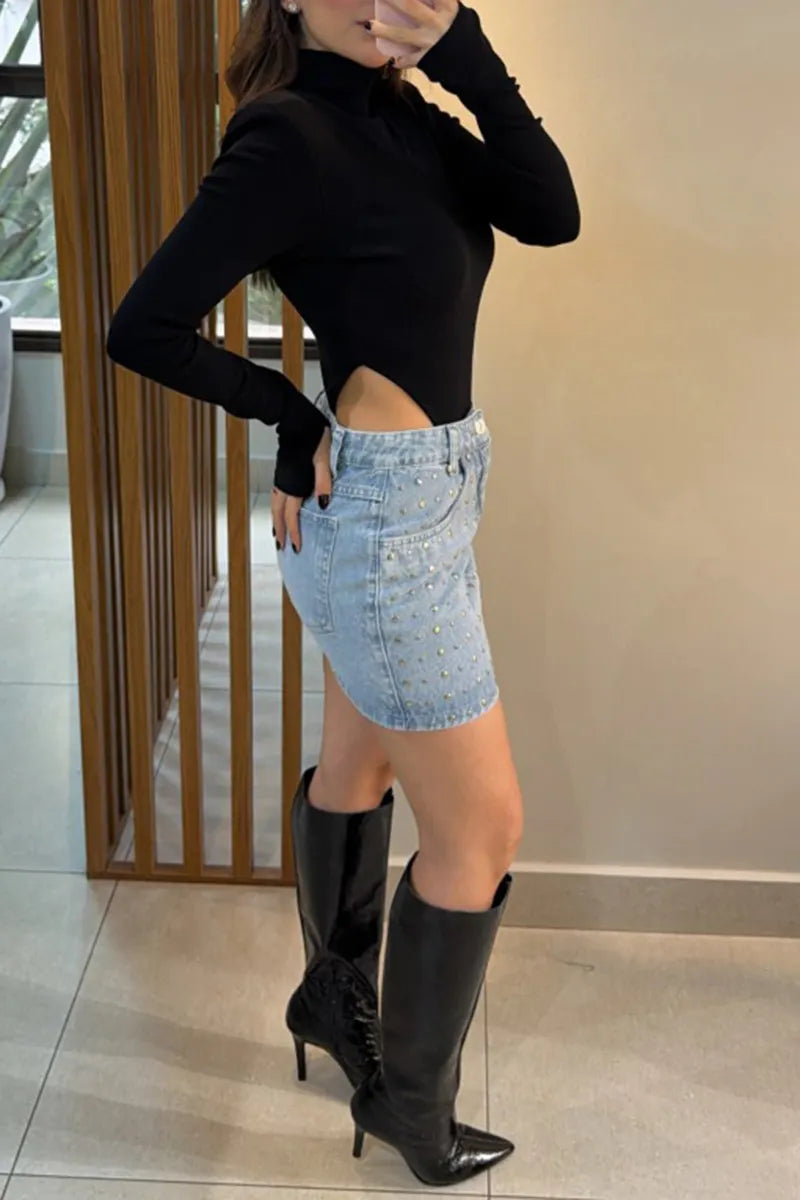 Women's Elegant Metal-Beaded Bodycon Denim Skirt