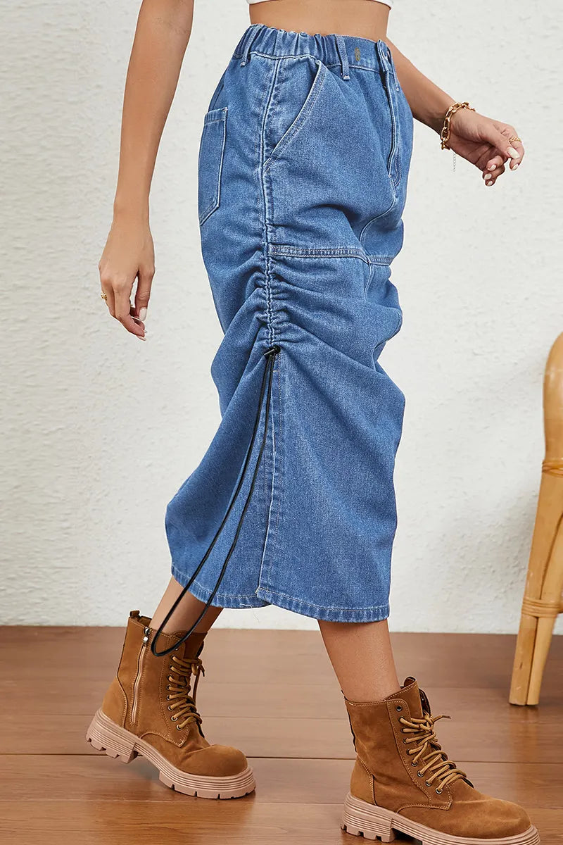 Casual Side Drawstring Elastic Waist Washed Denim Skirt