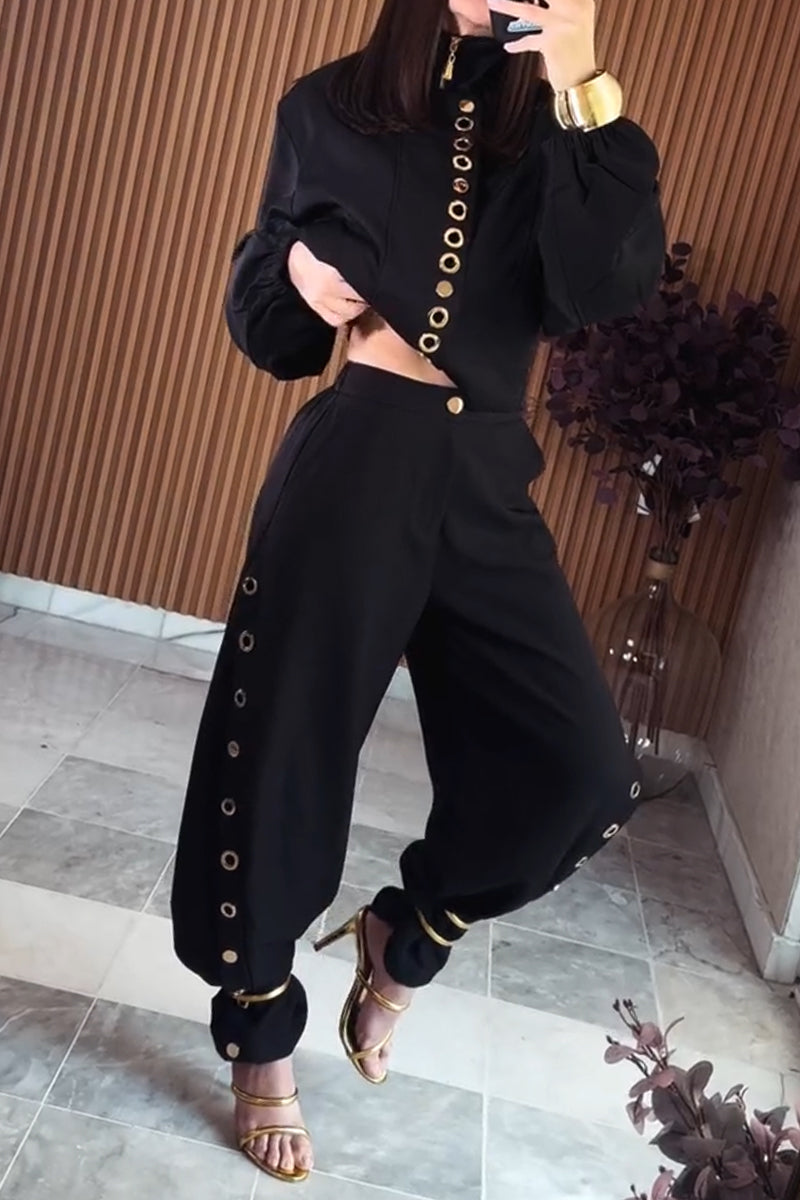 Women's Round Neck Metal Hollow Jacket+ Pants Temperament Casual Suit