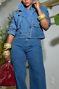 Women's Casual Lapel Double-Breasted Short Denim Jacket or Wide Leg Jeans