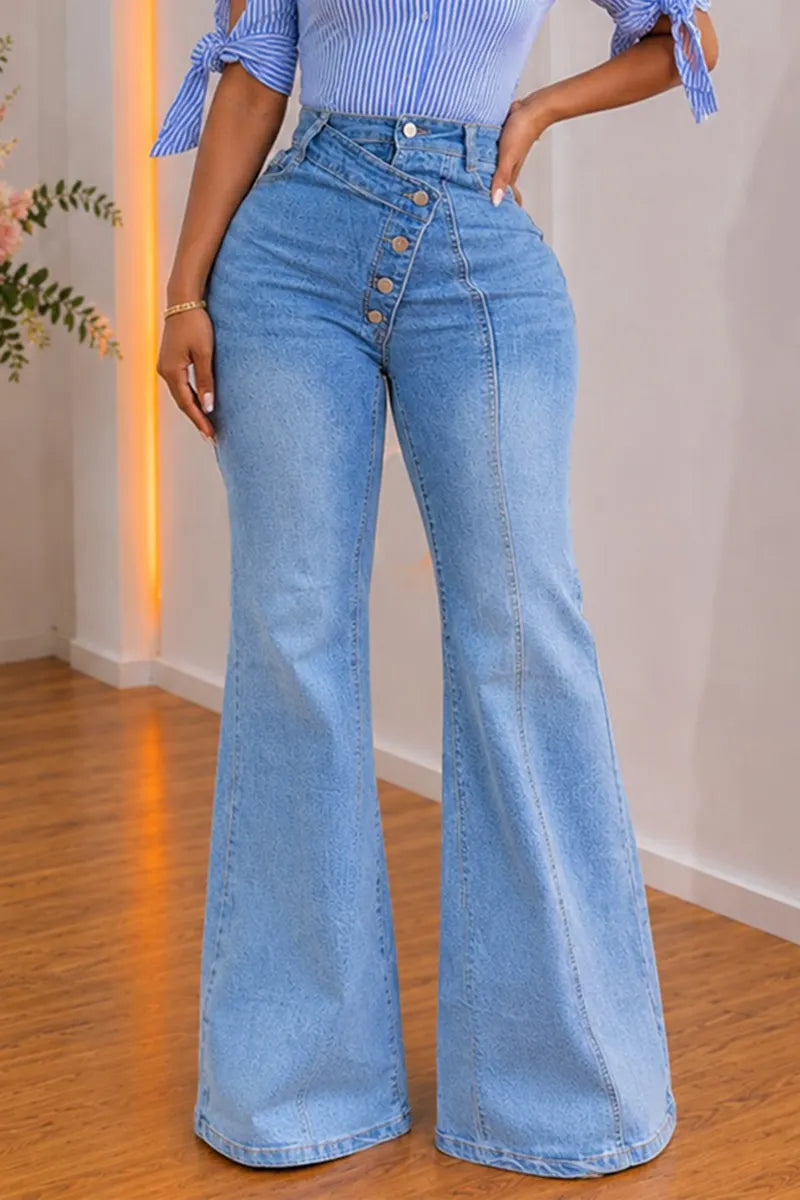 Women's Casual Stripe Shirt or Asymmetric Fly Flare Jeans