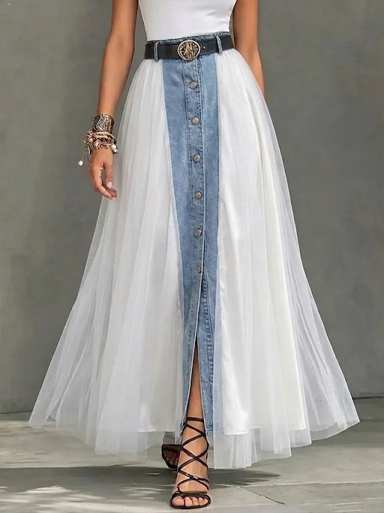 Casual Paneled Mesh Denim Skirt