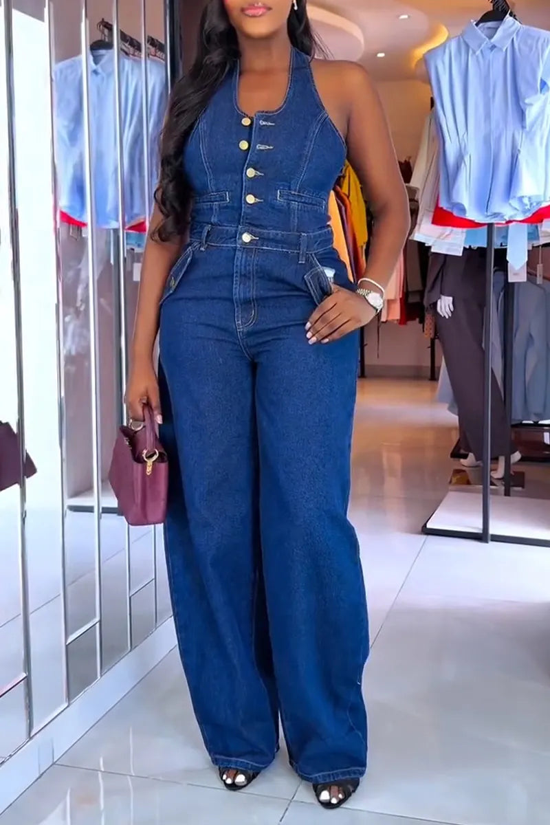 Women's Casual Summer Halter Button Front Backless Denim Jumpsuit
