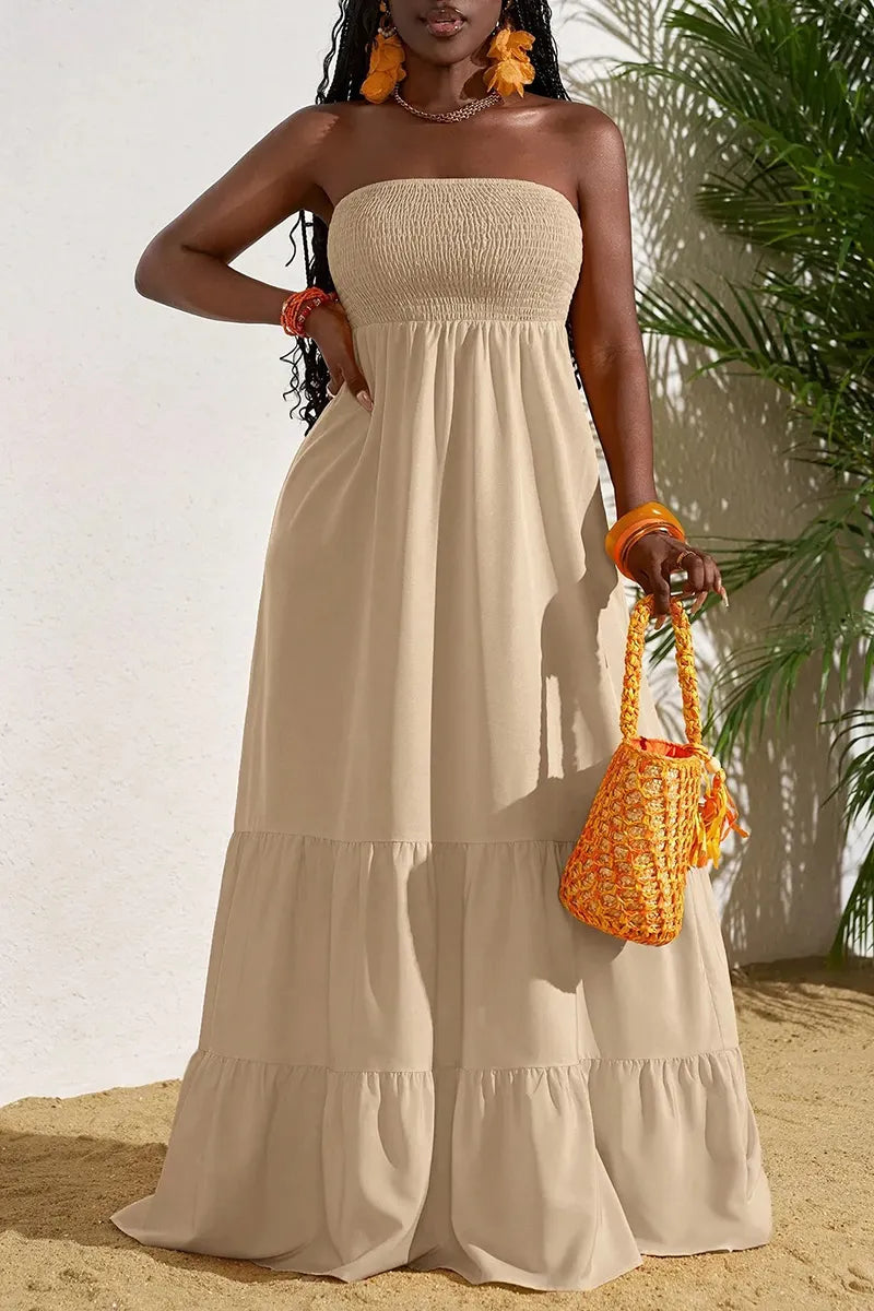 Women's Casual Vacation Ruffle Hem Stretch Strapless Dress