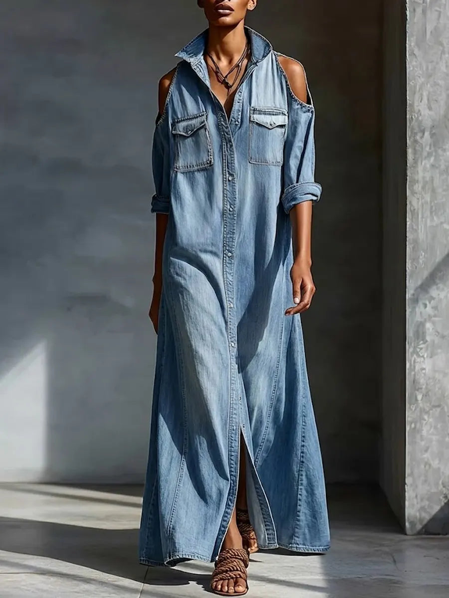 Women's Off-shoulder Denim Shirt Dress
