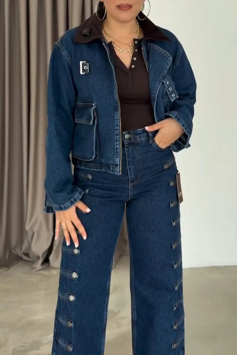 Women's Fashion Stand Collar Denim Jacket or Button Decoration Jeans