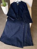 Women's Casual Denim Set: Crew Neck Long-sleeve Loose-fit Top & One-piece Wrap Skirt