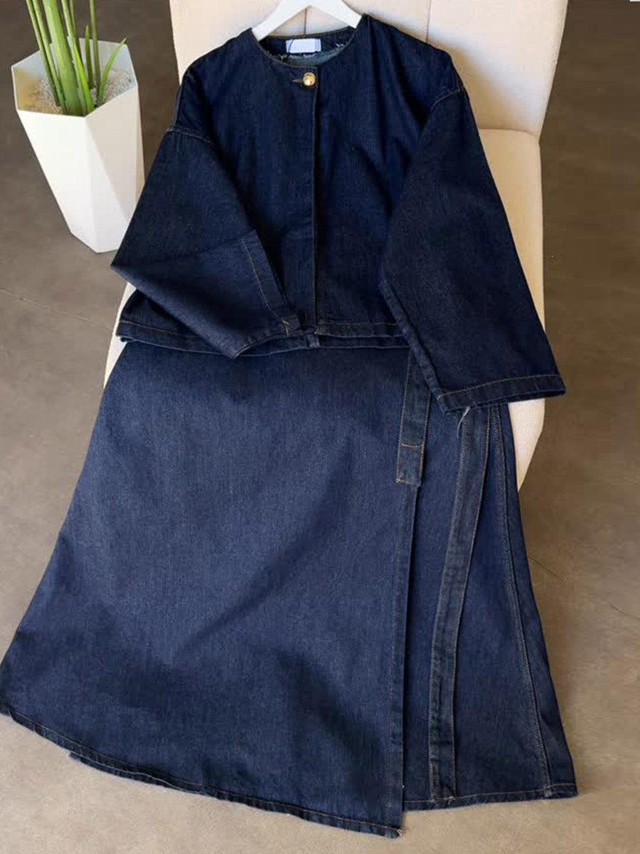 Women's Casual Denim Set: Crew Neck Long-sleeve Loose-fit Top & One-piece Wrap Skirt