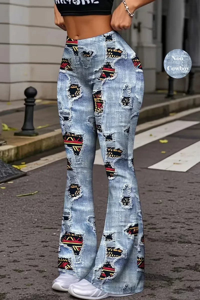 Women's  Streetwear Aztec Patchwork Print Distressed Flare Denim Trousers