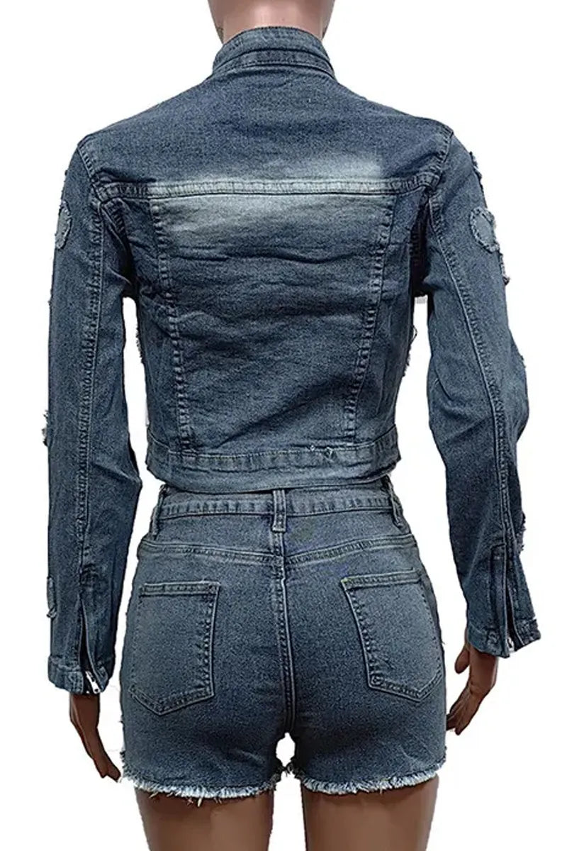 Women Light Blue Wash Stand Collar Zip Front Cross Fray Patch Cropped Denim Jacket Or Washed High Waist Cross Fray Applique Raw Hem Slim Denim Shorts