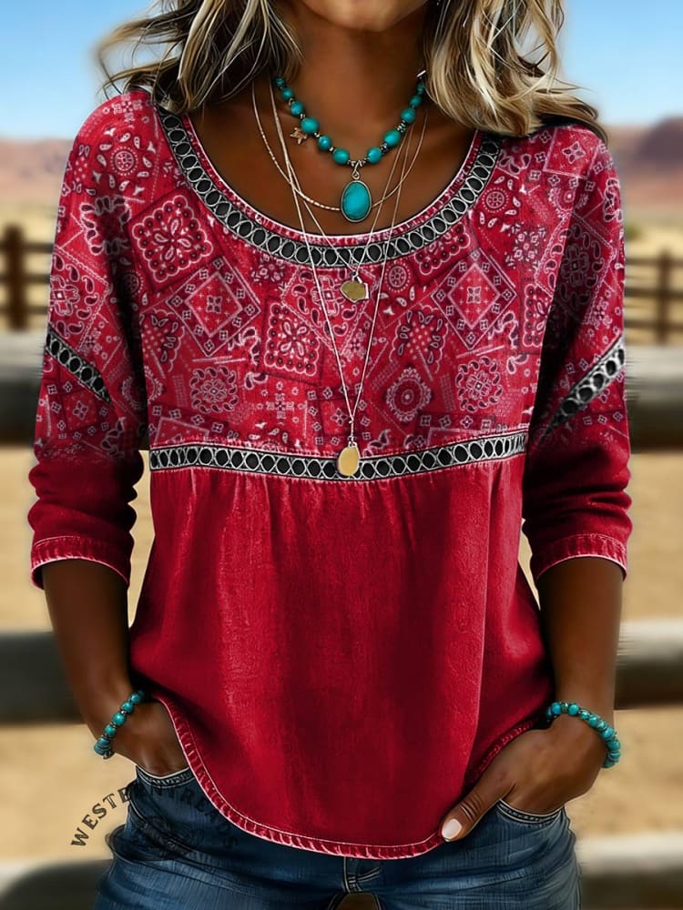 Women's Paisley Print Casual Hollow Denim Shirt