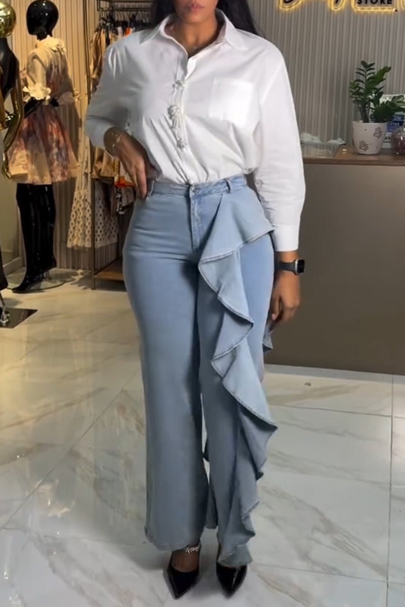 Women's Fashion One-Side Ruffle Patchwork Straight Jeans