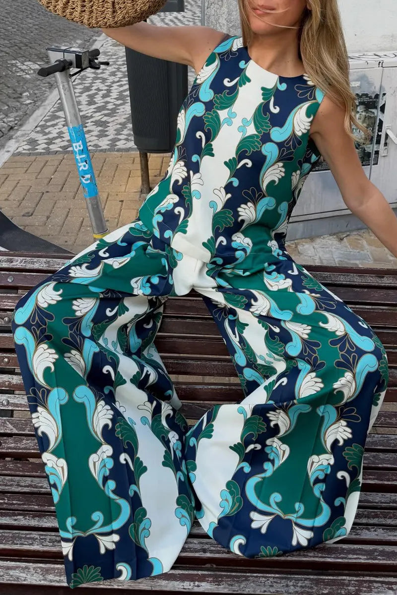 Women's Vintage Floral Print Sleeveless Crop Top & Wide Leg Pants