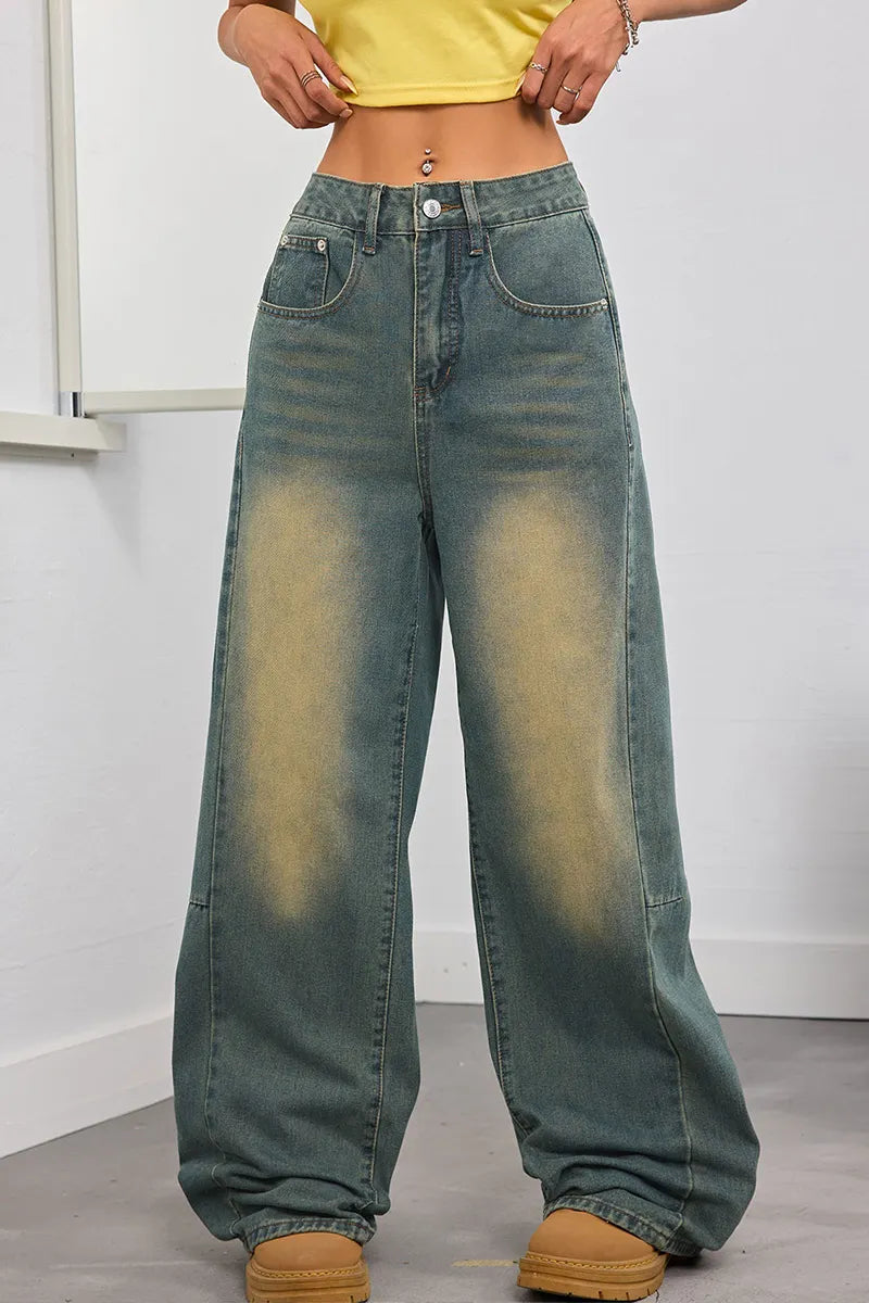 Women's Vintage Washed Loose Fit Jeans With Embroidery