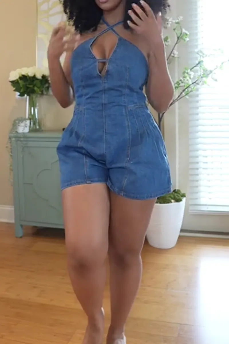 Women's Lace Up Backless Cropped Denim Romper