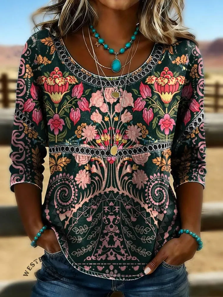 Women's Vintage Print Casual Hollow Denim Shirt