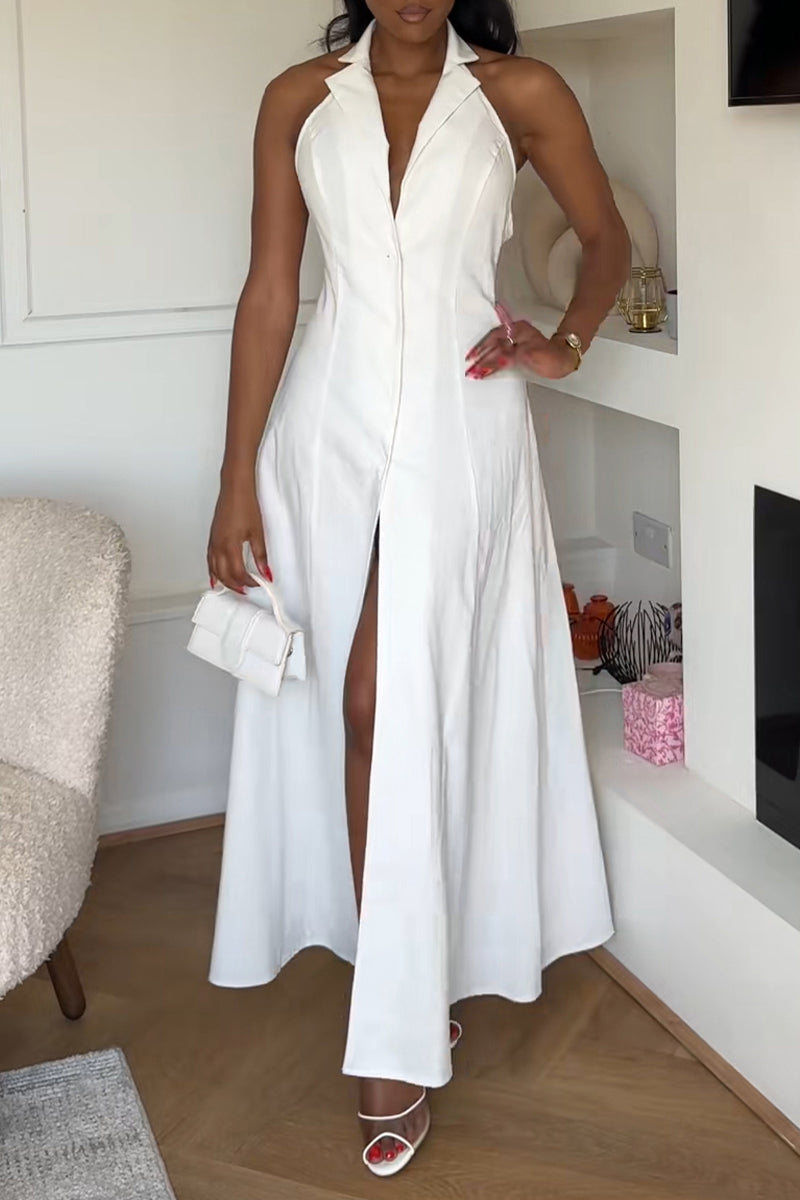 Women's Casual Lapel Backless Button Maxi Dress