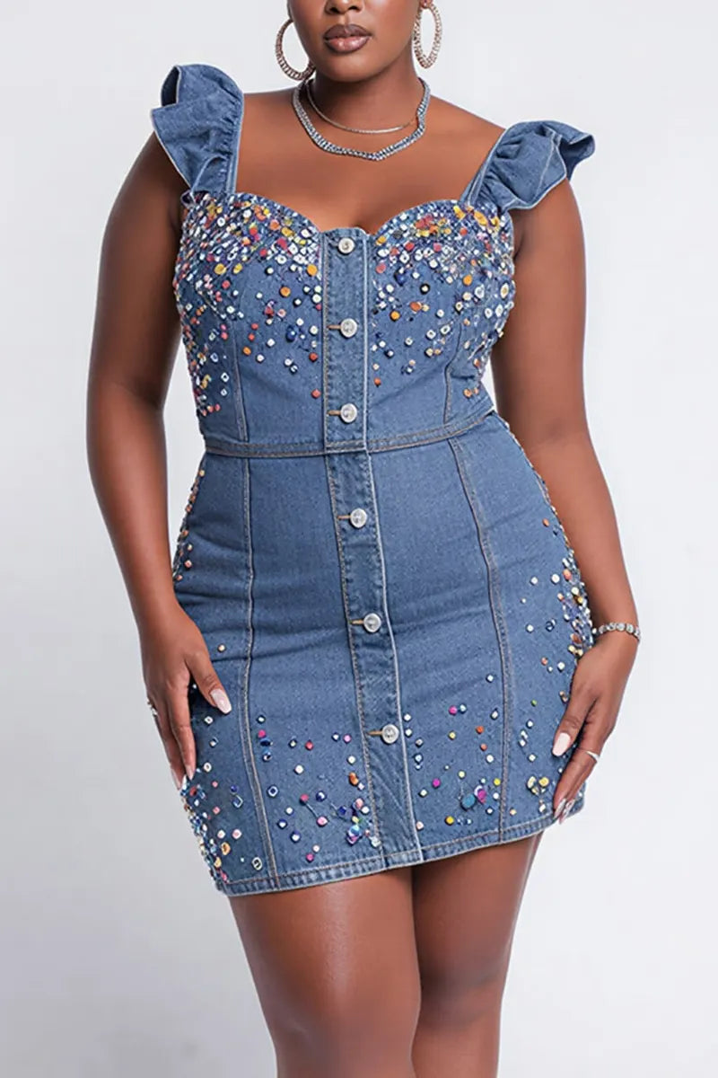 Ladies' Party Casual Light Blue Ruffled Sleeves With Drilled Denim Mini Skirt