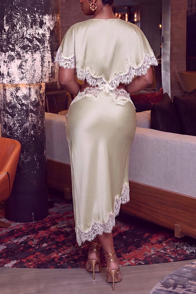 Women's Elegant Lace Patchwork Asymmetric Hem Dress