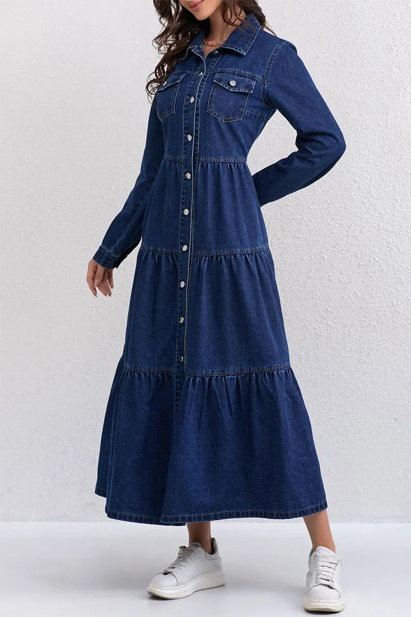 Women Lapel Stitching Buttoned Casual Denim Dress