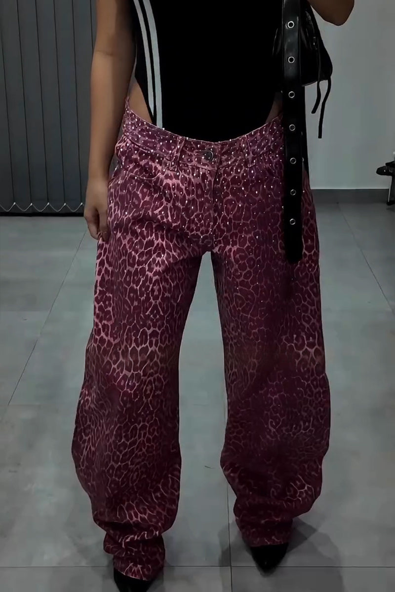 Women's Fashion Leopard Print Shiny Rhinestone Wide Leg Jeans